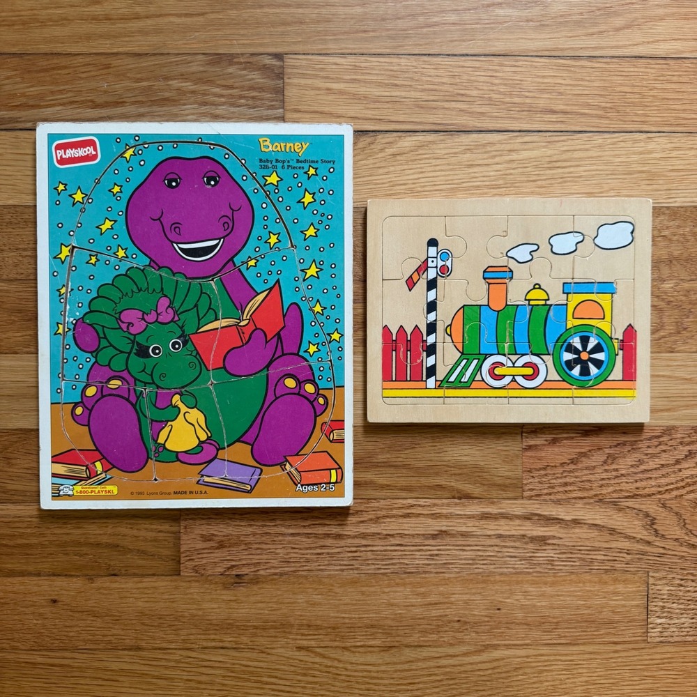 Playskool 1993 Barney Baby Bop Bedtime Story 6pc Wood Puzzle & Train Puzzle